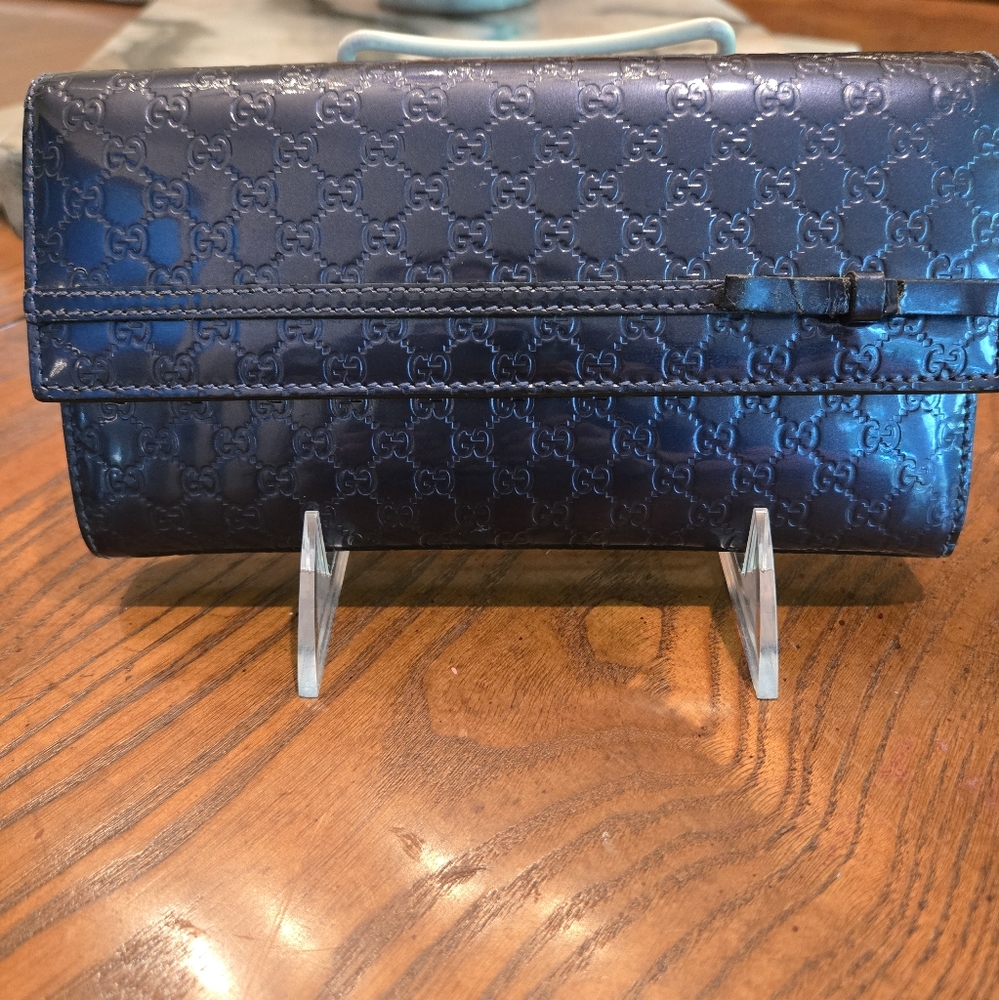 Gucci Guccisima Blue Embossed Long Patent Leather Wallet COA